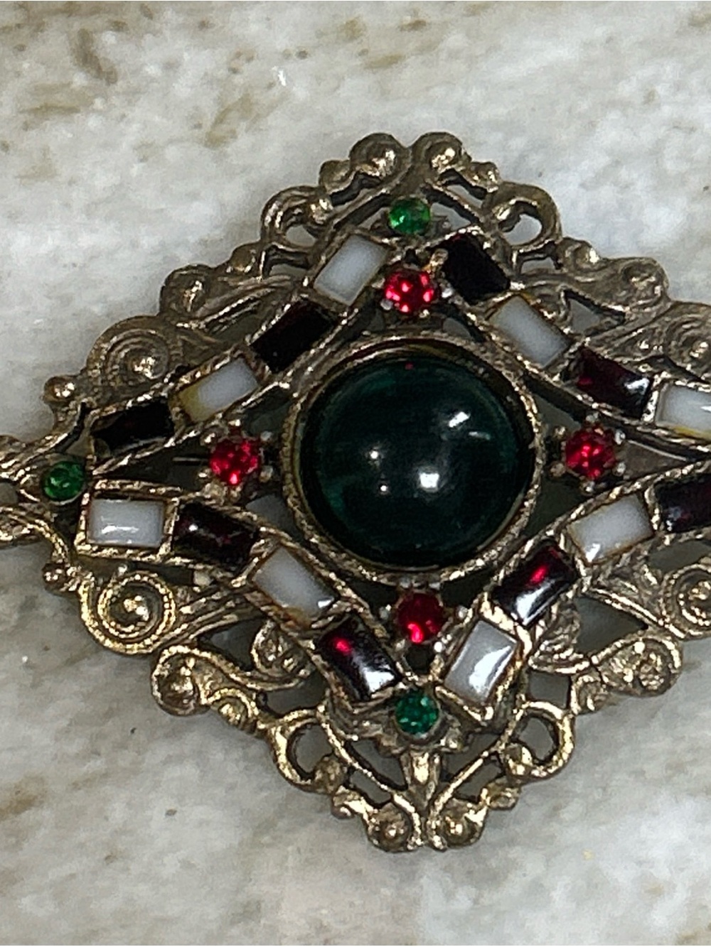 Vintage CZECH Glass Filigree BROOCH Pin Prong Set Red/ Green Stones 2.5”